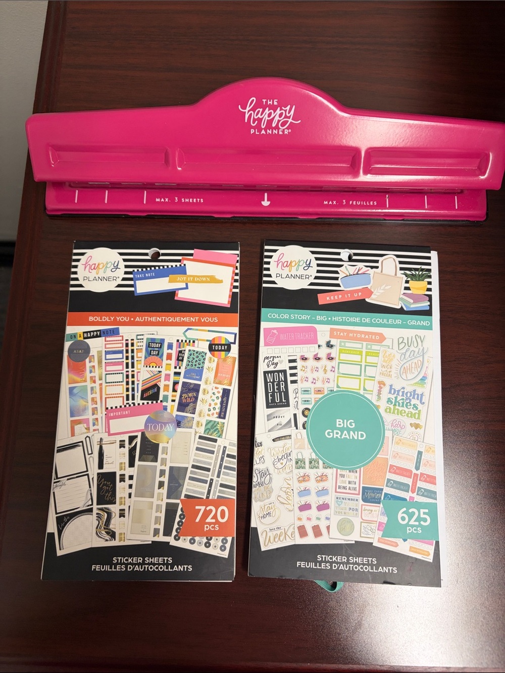 The Happy Planner Hot Pink 3-Sheet Punch with Sticker Packs (720 & 625 pcs)